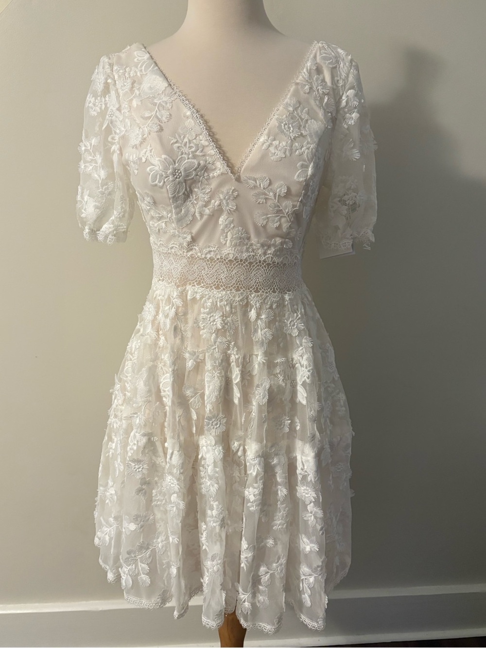 David’s Bridal DB Studio 3D Floral Lace V-Neck Short Dress | Size 2